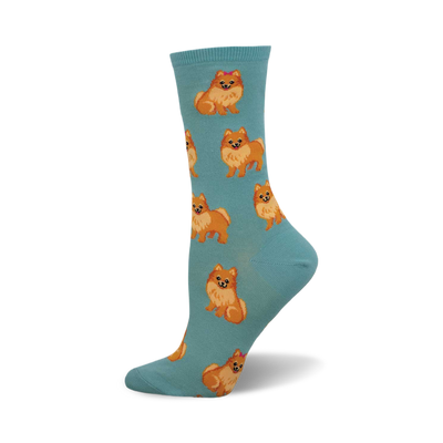 side view of teal cotton crew socks featuring a repeating pattern of adorable pomeranian dogs.  "perfect pomeranian" socks.