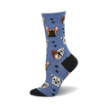 Crew socks in periwinkle blue with repeating images of bulldogs and paw prints.  Dark grey heel and toe.