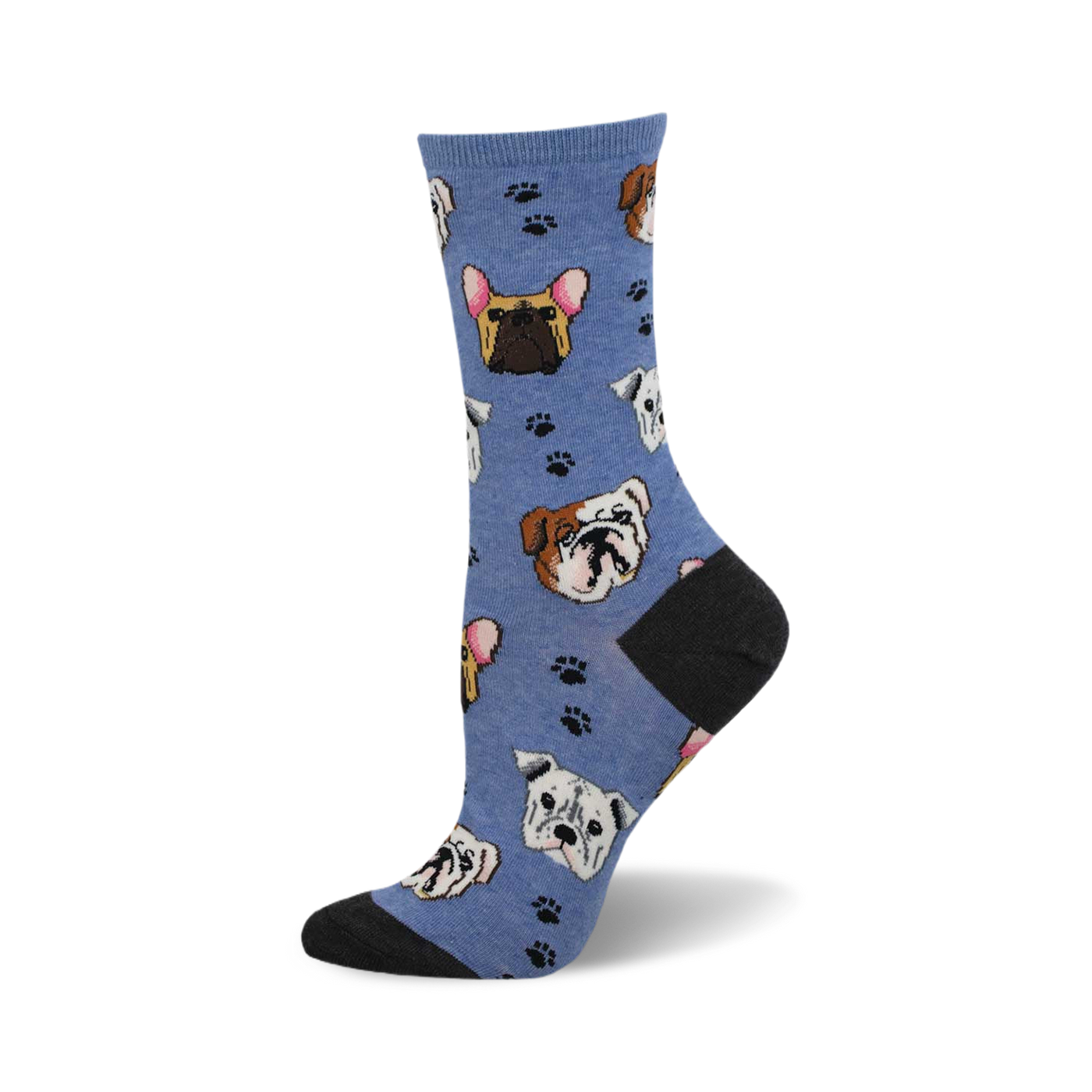 Crew socks in periwinkle blue with repeating images of bulldogs and paw prints.  Dark grey heel and toe.