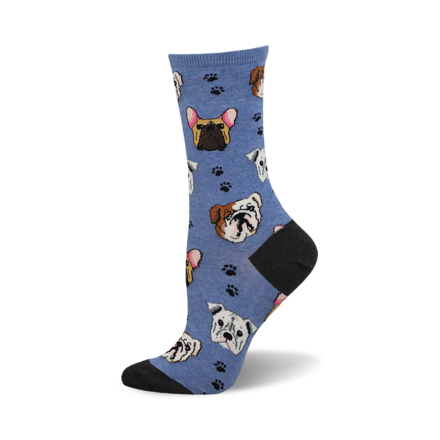 Crew socks in periwinkle blue with repeating images of bulldogs and paw prints.  Dark grey heel and toe.