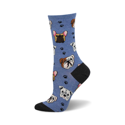 side view of bully mugs socks. light blue socks feature a pattern of various bully breed dog faces and paw prints.