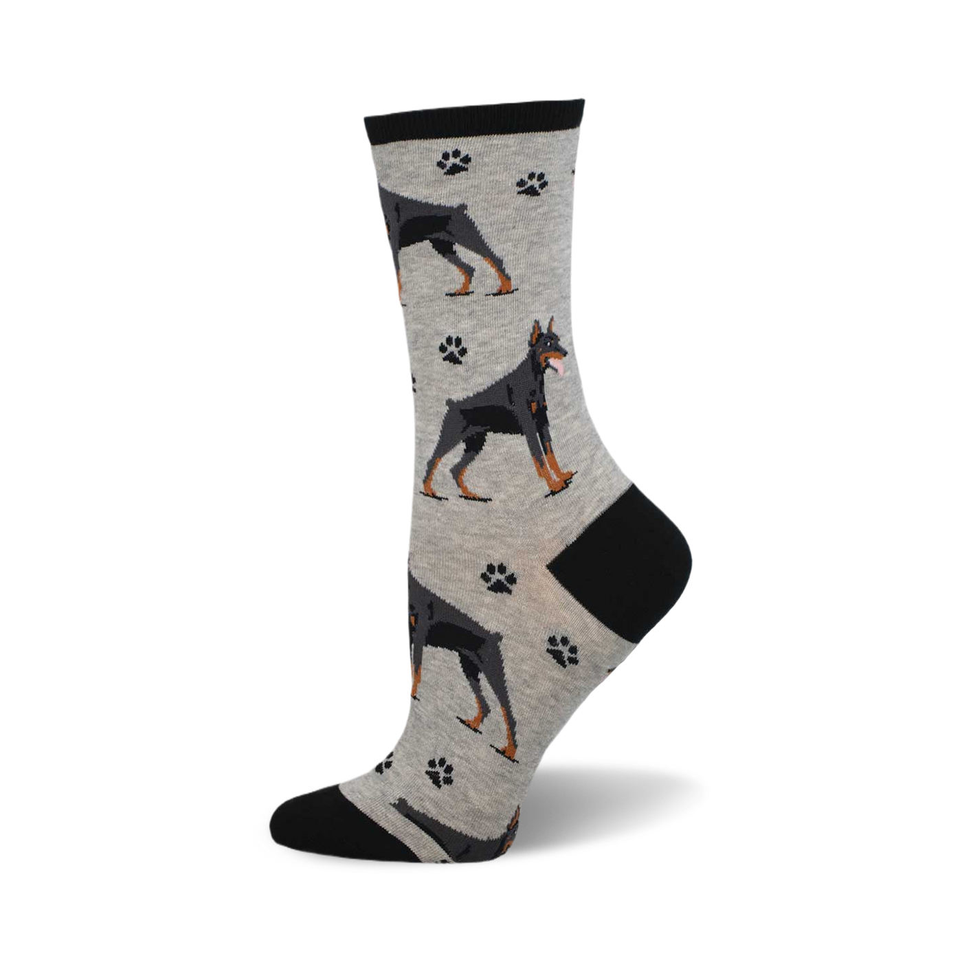 A side view of grey crew socks with a pattern of black Doberman Pinschers and grey paw prints. The socks have a black heel and toe.