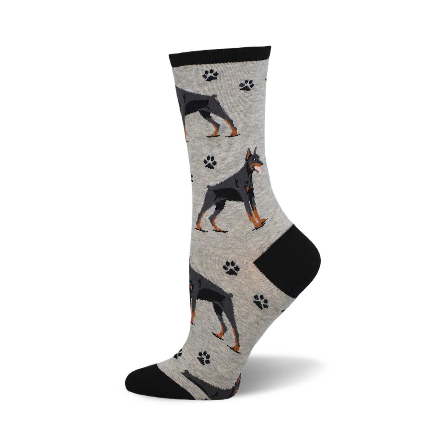A side view of grey crew socks with a pattern of black Doberman Pinschers and grey paw prints. The socks have a black heel and toe.