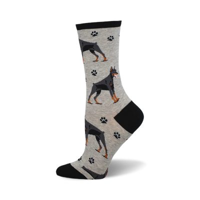 side view of gray crew socks featuring doberman pinschers and paw prints.  "doberman" socks.