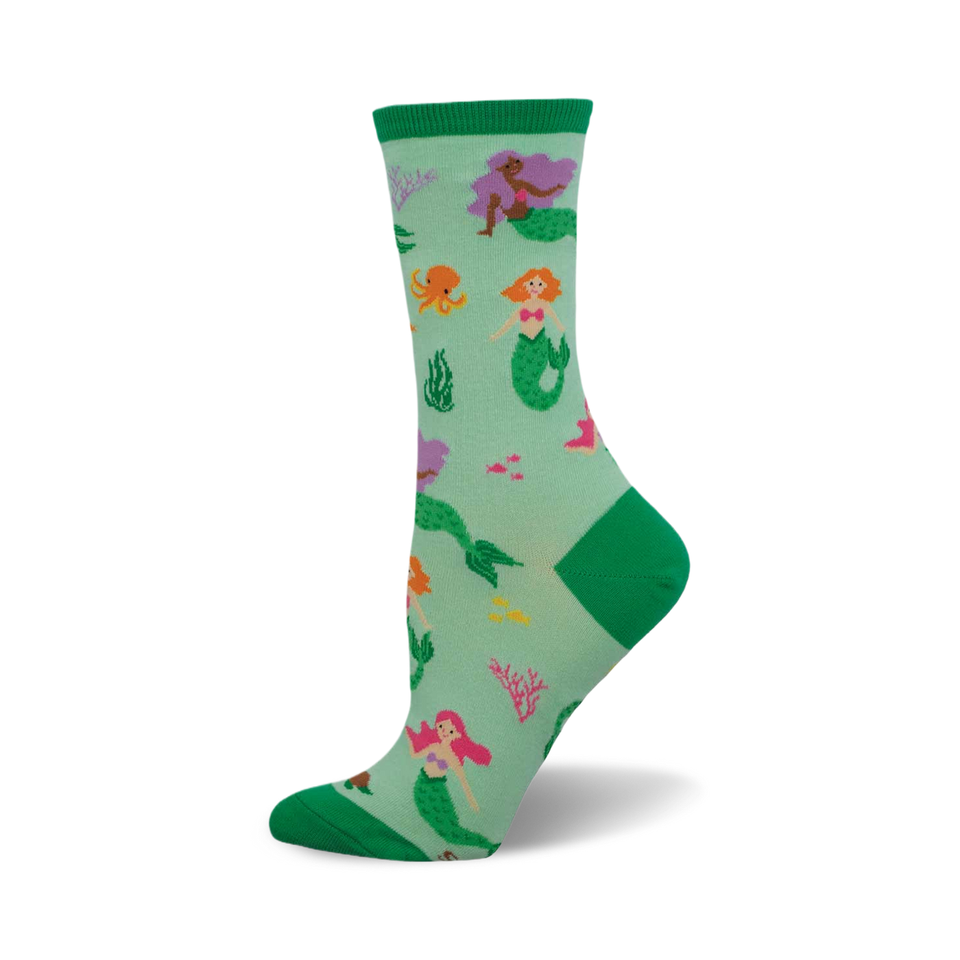 Crew socks in teal green with colorful mermaids, octopus, and coral. Green cuffs add a pop of color. 