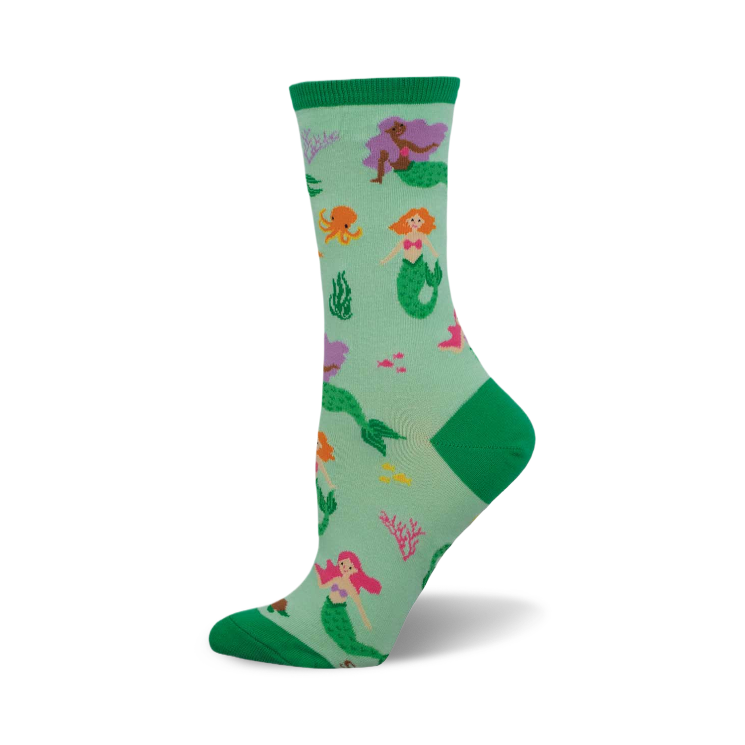 Crew socks in teal green with colorful mermaids, octopus, and coral. Green cuffs add a pop of color. 