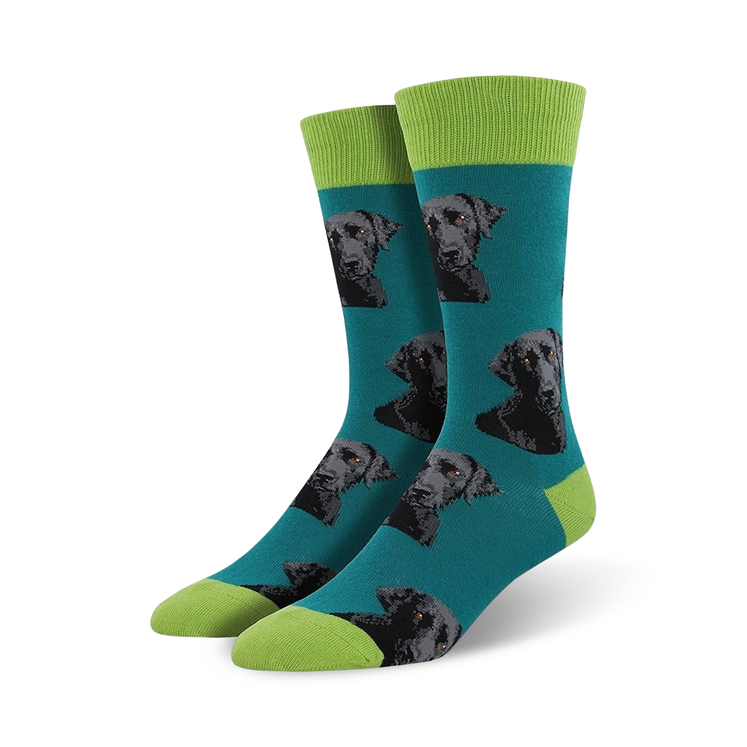 Pair of crew socks; teal background with repeated black lab portraits, lime green cuffs.