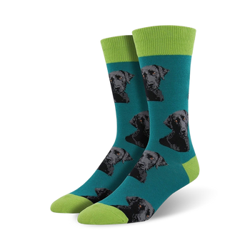 dark teal crew socks with a playful pattern of black labrador retrievers. solid black heels and toes for extra comfort.   