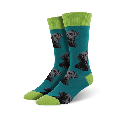 dark teal crew socks with a playful pattern of black labrador retrievers. solid black heels and toes for extra comfort.   