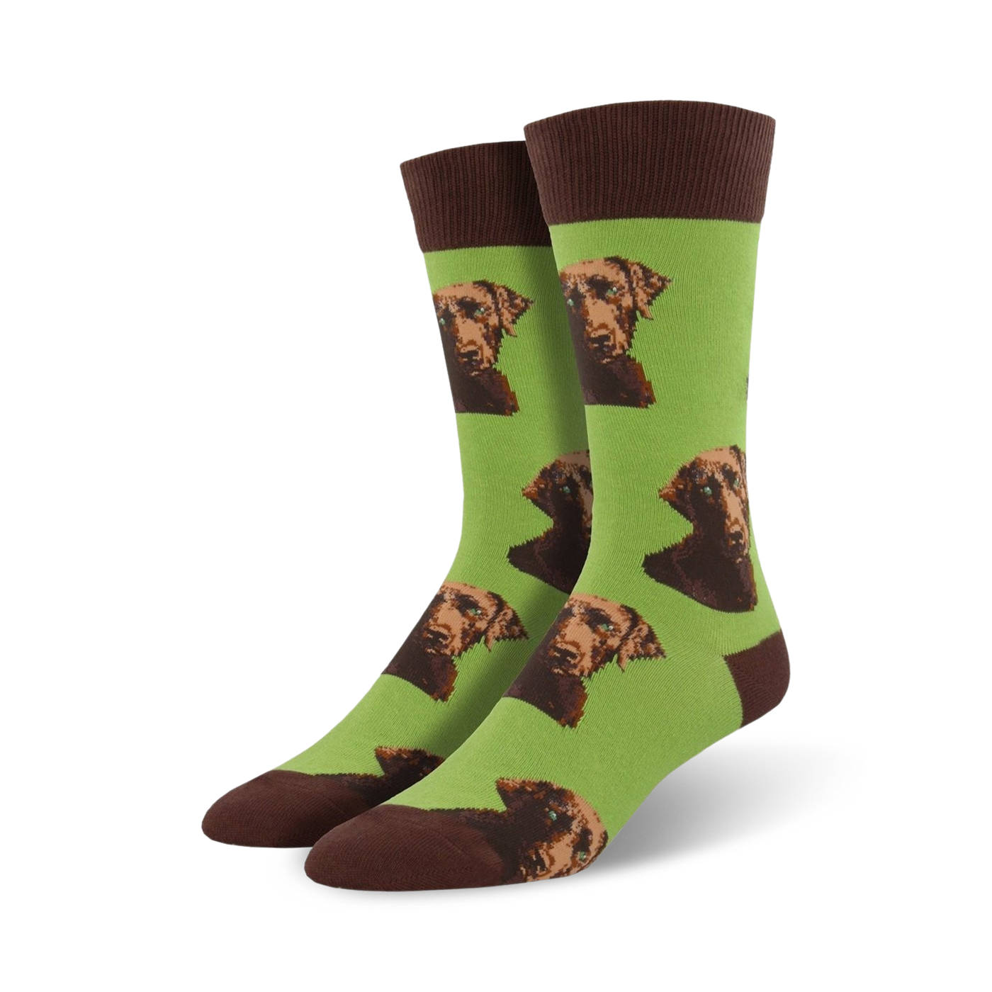 Lifestyle product shot showing the chocolate lab socks on a model's feet.