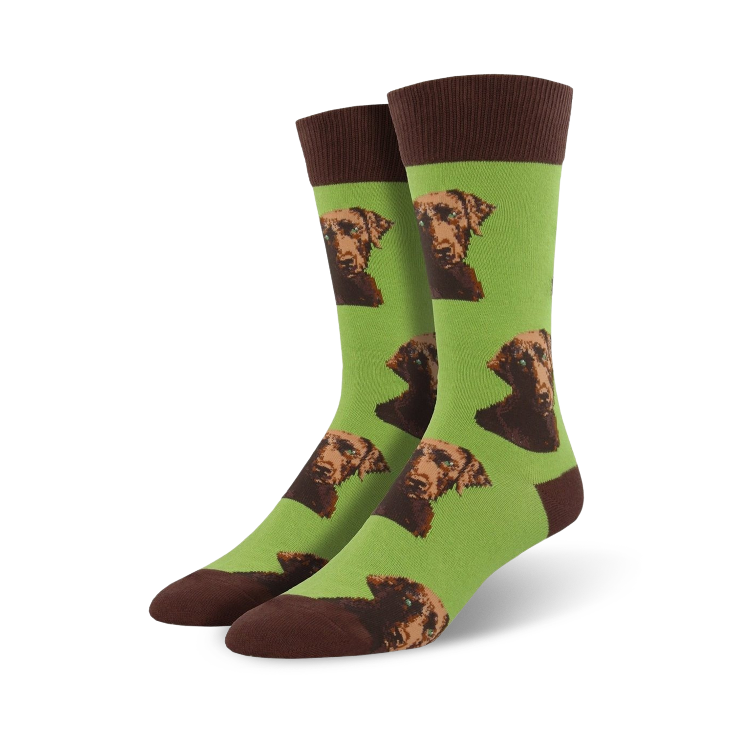 Lifestyle product shot showing the chocolate lab socks on a model's feet.