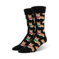 Pair of black crew socks featuring a repeating pattern of corgis wearing colorful bandanas. 
