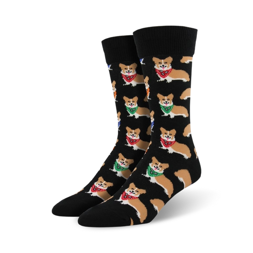Pair of black crew socks featuring a repeating pattern of corgis wearing colorful bandanas. 