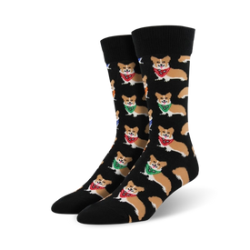 black crew socks with cartoon corgis wearing bandanas. perfect for men with a passion for dogs.  
