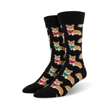 black crew socks with cartoon corgis wearing bandanas. perfect for men with a passion for dogs.  