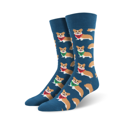 Lifestyle shot showing a model wearing teal crew socks with corgis in bandanas. 