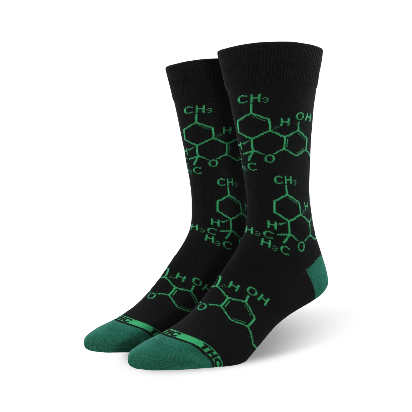 Pair of black crew socks with a lime green THC molecule graphic.  A fun, stylish and unique design.