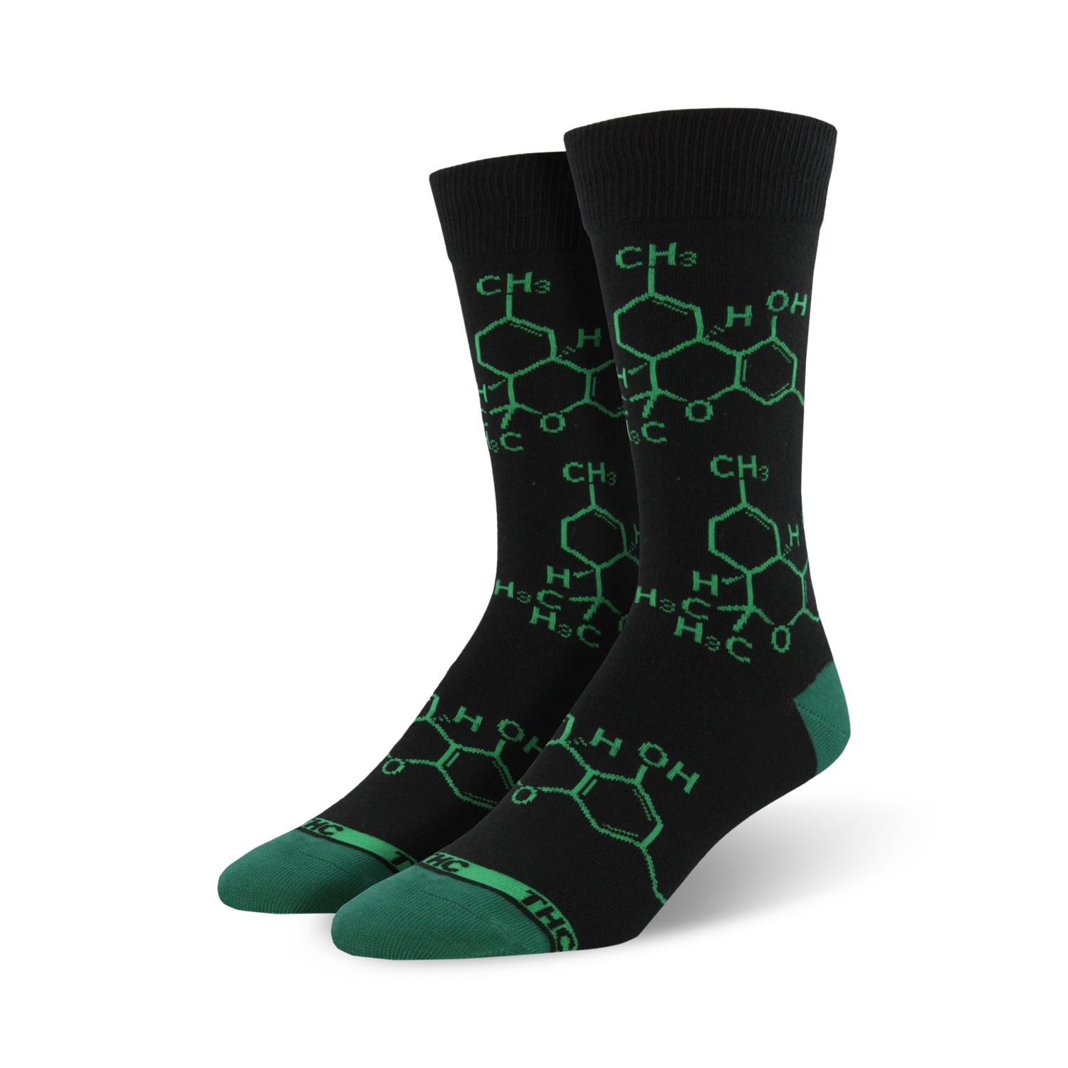Pair of black crew socks with a lime green THC molecule graphic.  A fun, stylish and unique design.