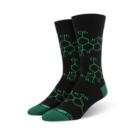 mens black crew socks with green hexagon thc molecule pattern.  