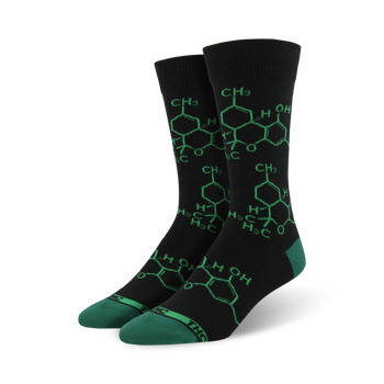 mens black crew socks with green hexagon thc molecule pattern.  