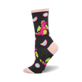 Crew socks in dark grey featuring pink dragons and slices of dragonfruit.  Fun and colorful design.
