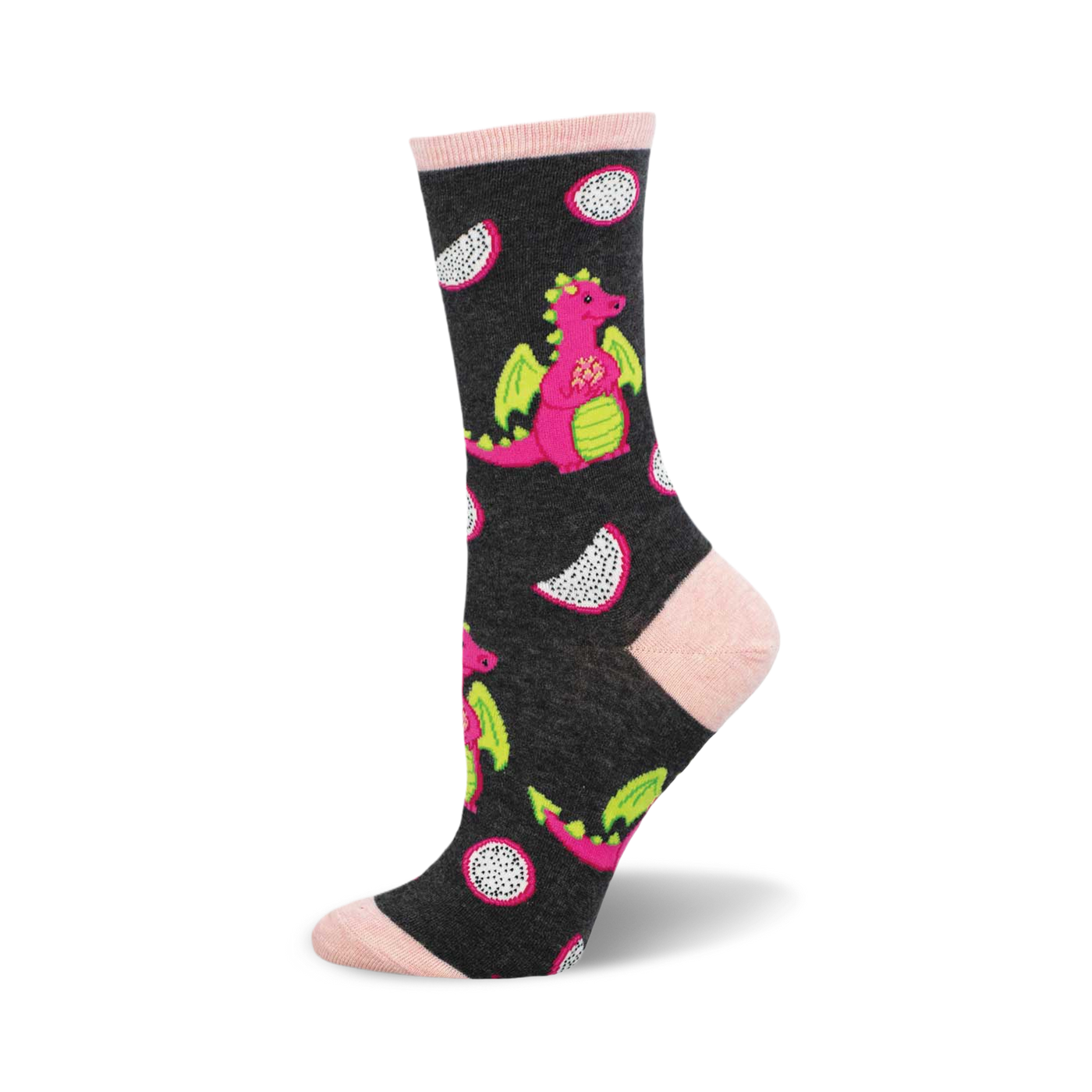 Crew socks in dark grey featuring pink dragons and slices of dragonfruit.  Fun and colorful design.