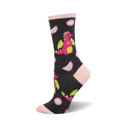 Crew socks in dark grey featuring pink dragons and slices of dragonfruit.  Fun and colorful design.
