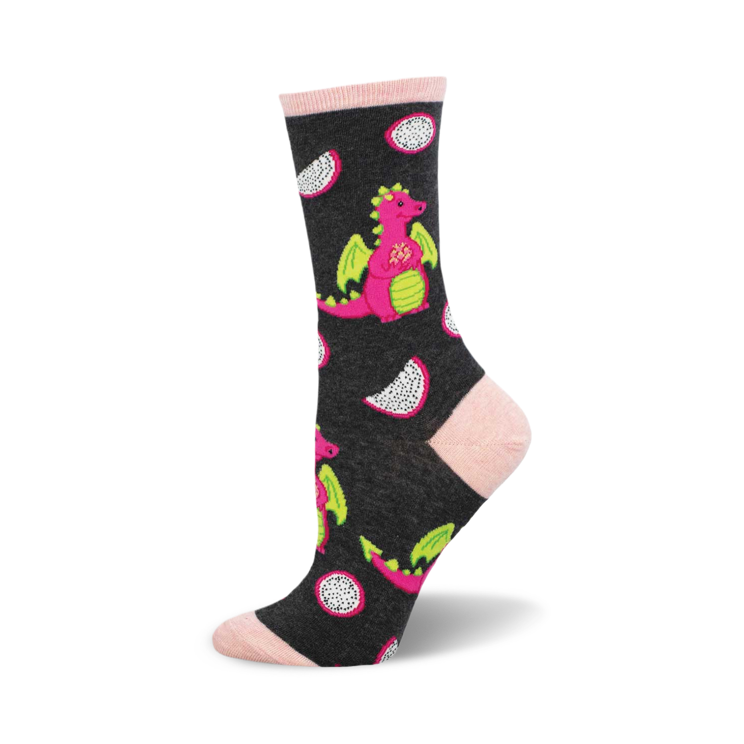 Crew socks in dark grey featuring pink dragons and slices of dragonfruit.  Fun and colorful design.