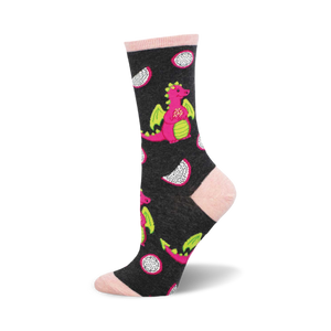 Crew socks in dark grey featuring pink dragons and slices of dragonfruit.  Fun and colorful design.