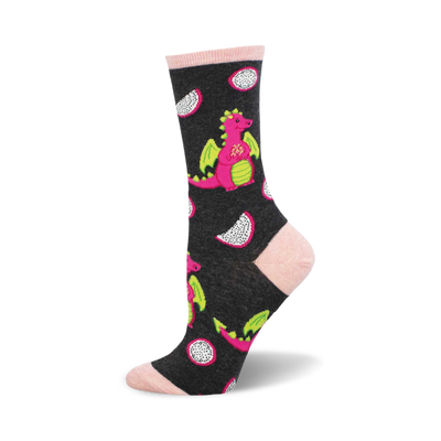 side view of dark gray crew socks featuring pink dragons and dragonfruit slices.  dragonfruit socks.