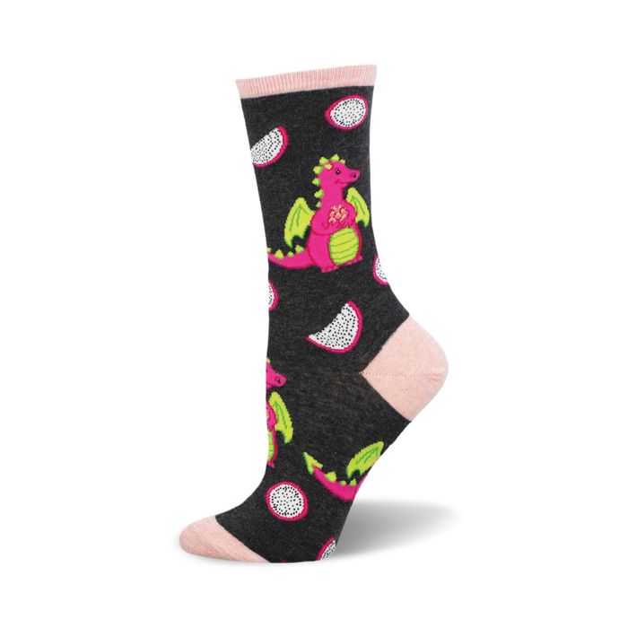 side view of dark gray crew socks featuring pink dragons and dragonfruit slices.  dragonfruit socks. }}