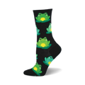 Black crew socks with a fun pattern of smiling green frogs sitting on lily pads.