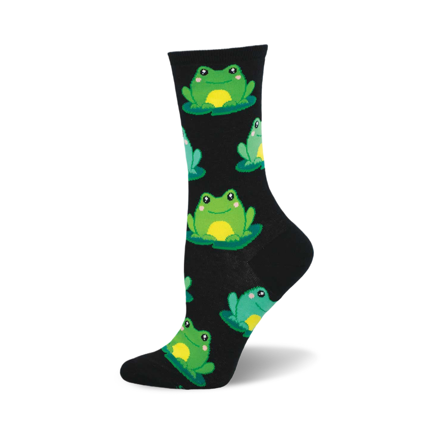 Black crew socks with a fun pattern of smiling green frogs sitting on lily pads.