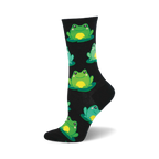 Black crew socks with a fun pattern of smiling green frogs sitting on lily pads.