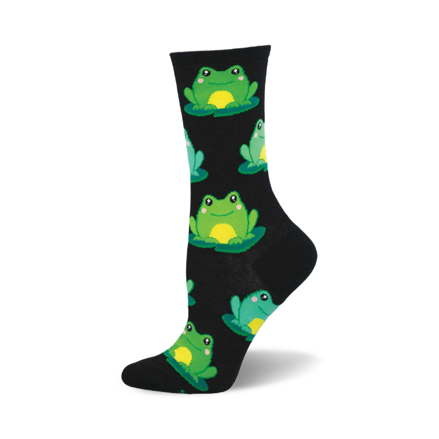 Black crew socks with a fun pattern of smiling green frogs sitting on lily pads.