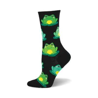 side view of friendly frogs socks. black socks feature a pattern of green frogs sitting on lily pads. fun and playful design.