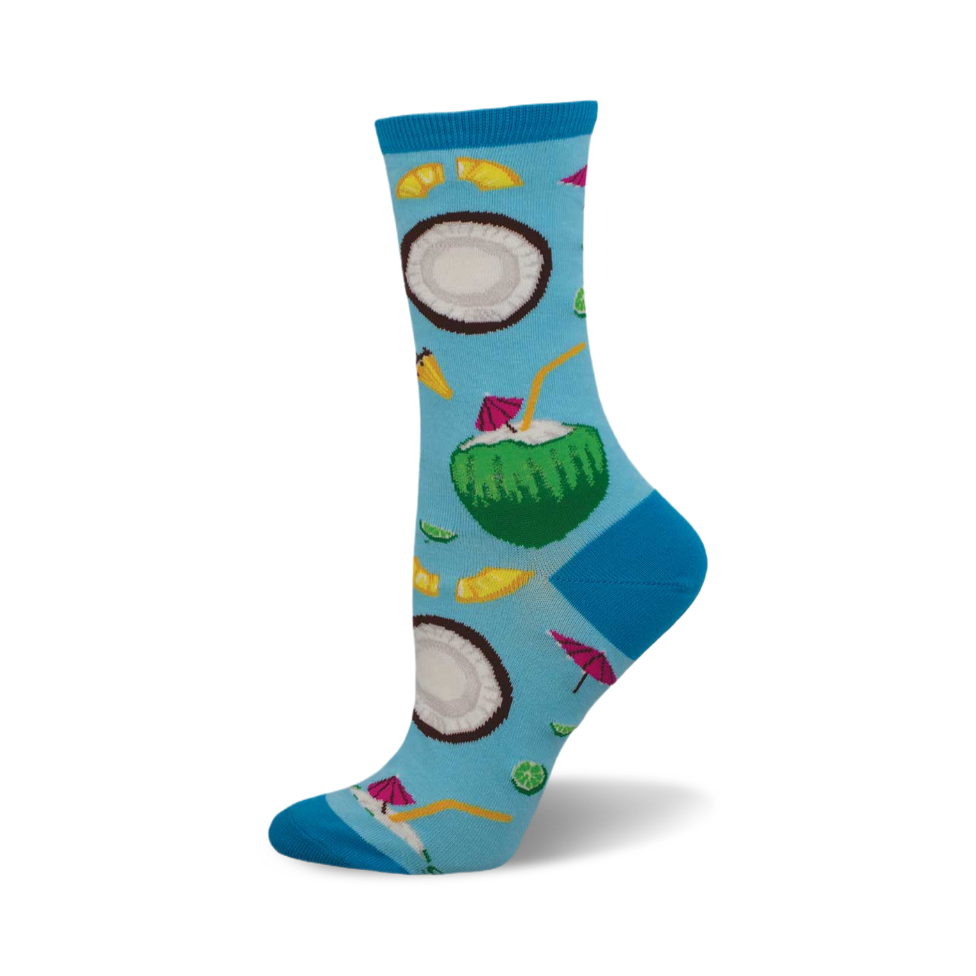 Crew socks showcasing a tropical design. Light blue background with coconuts, limes, and cocktail umbrellas. Fun and colorful.