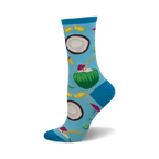 Crew socks showcasing a tropical design. Light blue background with coconuts, limes, and cocktail umbrellas. Fun and colorful.