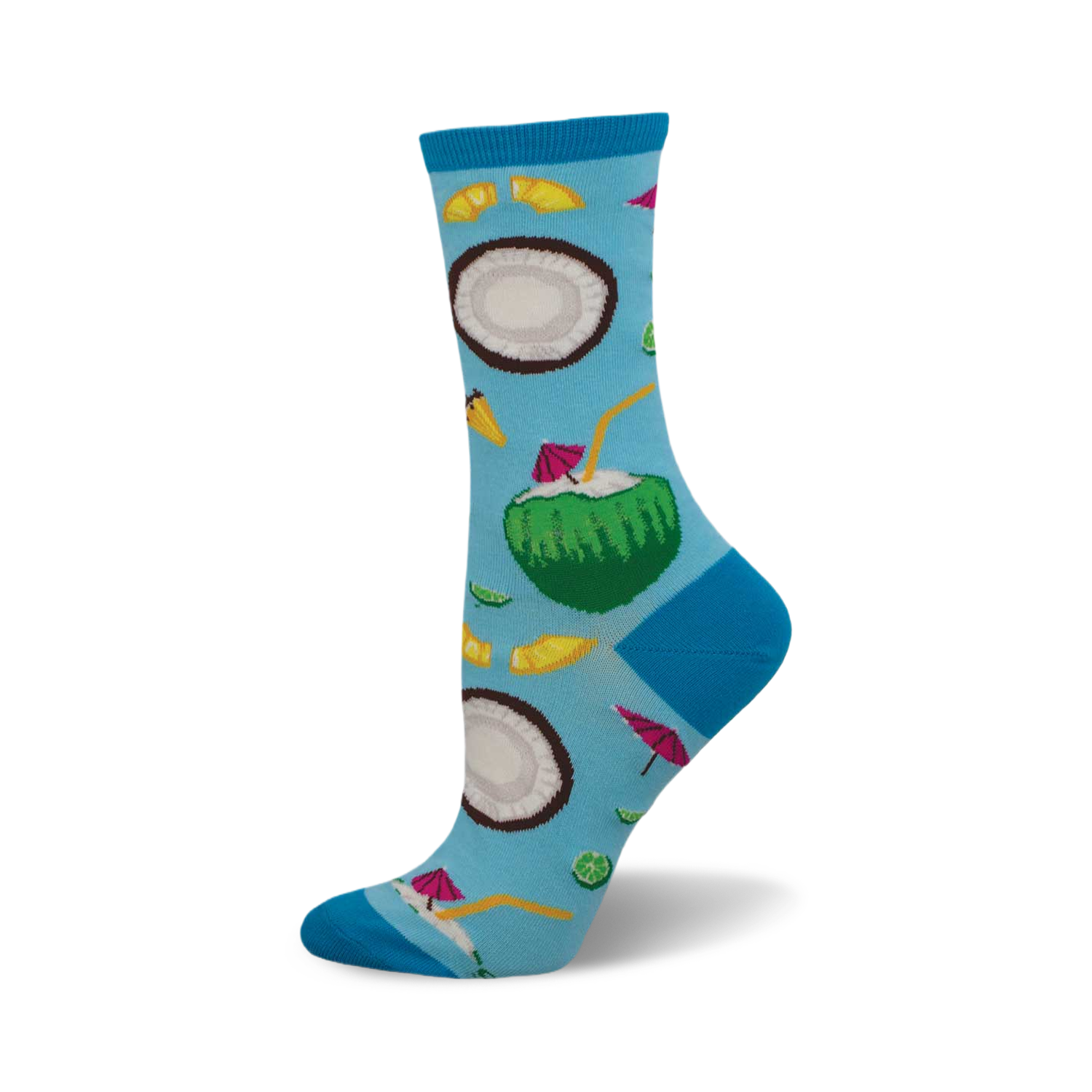 Crew socks showcasing a tropical design. Light blue background with coconuts, limes, and cocktail umbrellas. Fun and colorful.