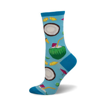 side view of "lime and the coconuts" socks. light blue socks feature coconuts, limes, and tropical drinks.  fun, whimsical design.