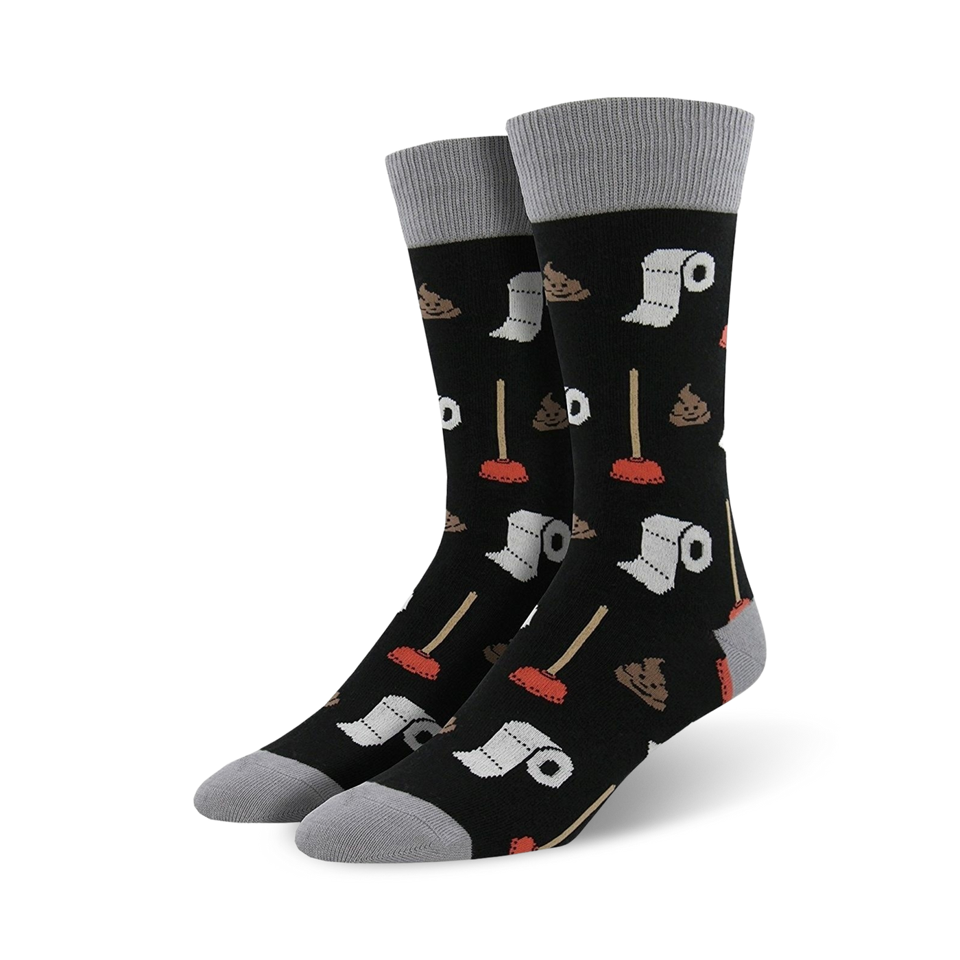 Pair of black crew socks with a fun potty-themed design.  Features illustrations of plungers, toilet paper rolls, and poop emojis.