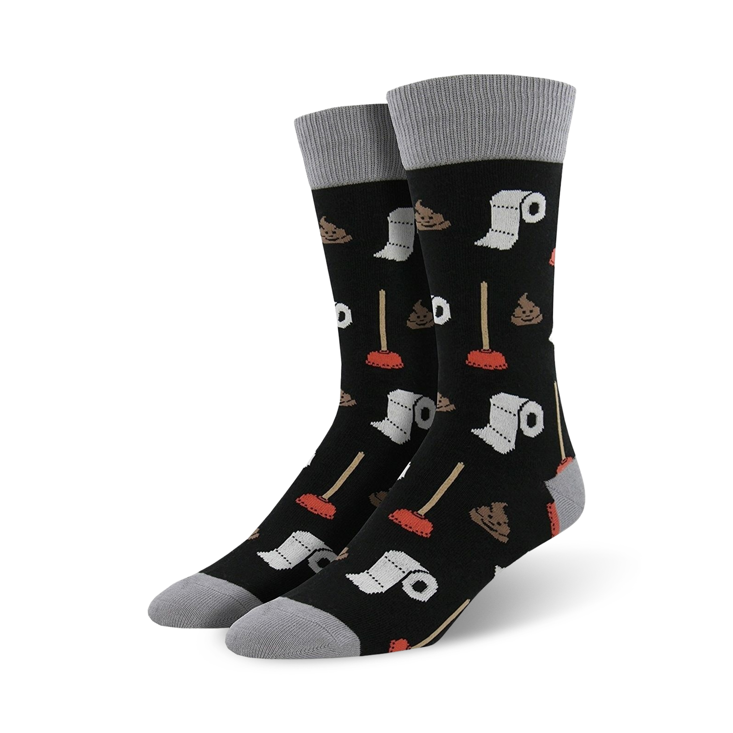 Pair of black crew socks with a fun potty-themed design.  Features illustrations of plungers, toilet paper rolls, and poop emojis.