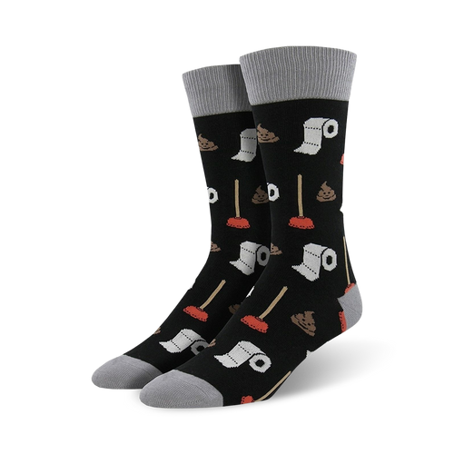 Pair of black crew socks with a fun potty-themed design.  Features illustrations of plungers, toilet paper rolls, and poop emojis.