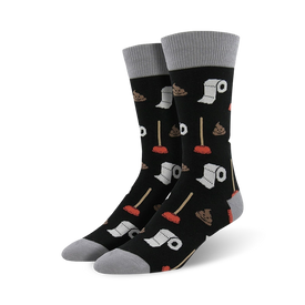 black crew socks with brown turds, red plungers, and grey toilet paper roll pattern. mens. funny theme.   