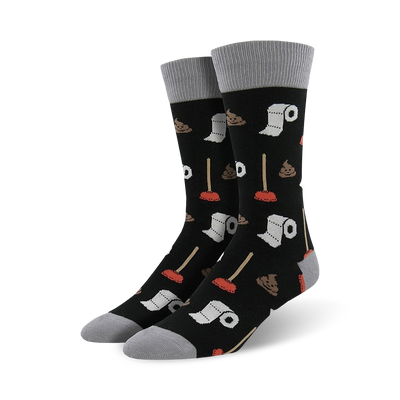 black crew socks with brown turds, red plungers, and grey toilet paper roll pattern. mens. funny theme.   