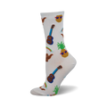 White crew socks with a fun Hawaiian design. Features ukuleles, pineapples wearing sunglasses, and shaka hand signs in brown, blue, and green.