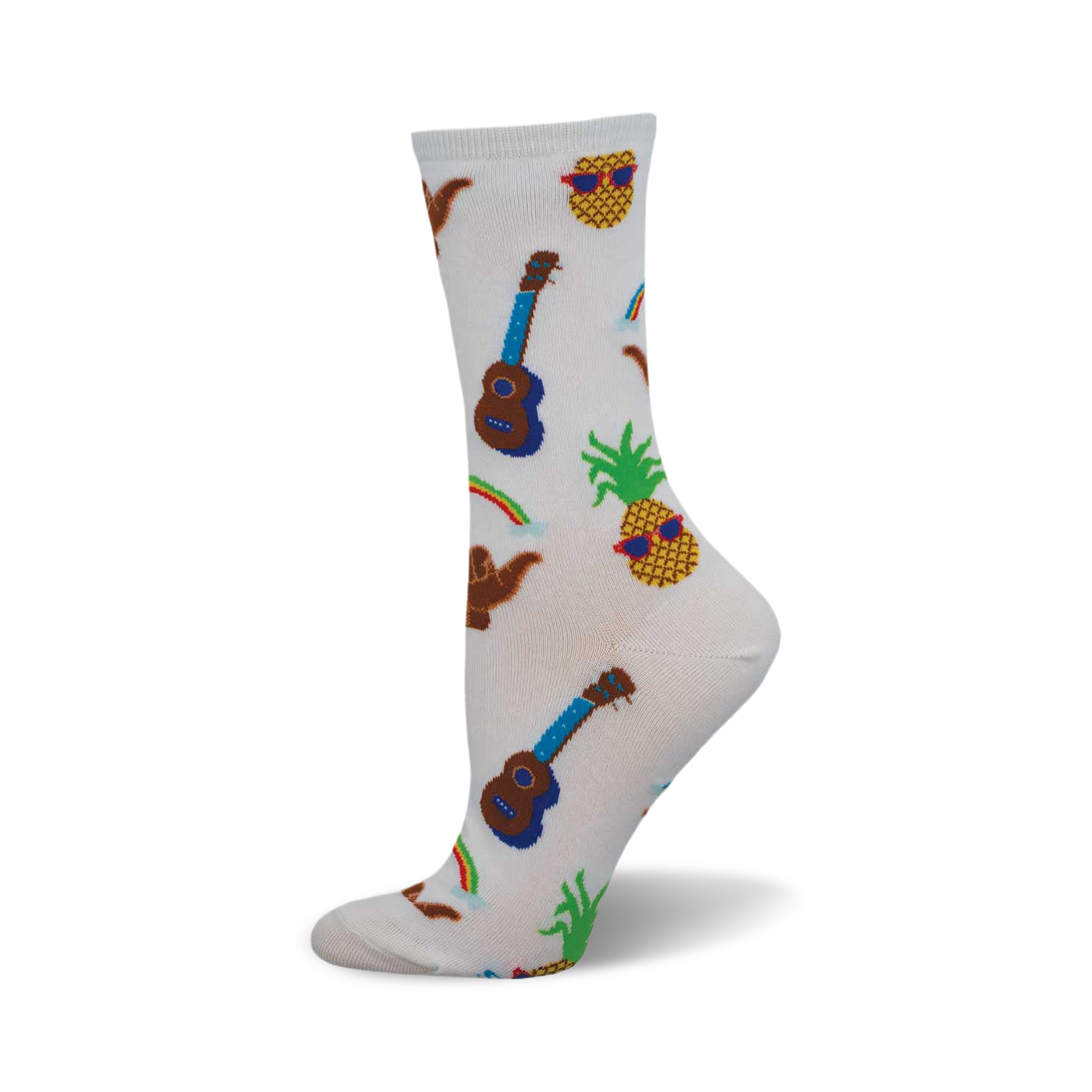 White crew socks with a fun Hawaiian design. Features ukuleles, pineapples wearing sunglasses, and shaka hand signs in brown, blue, and green.