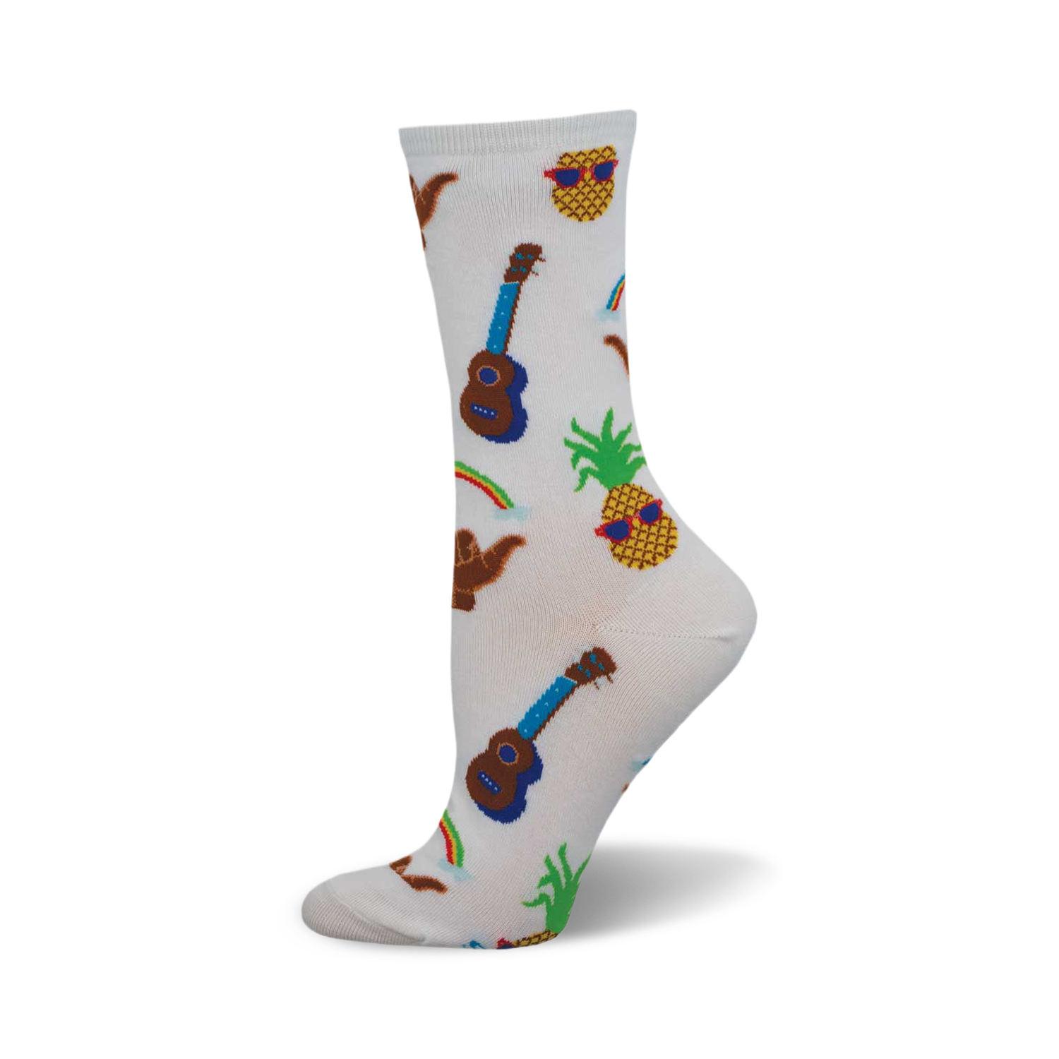 White crew socks with a fun Hawaiian design. Features ukuleles, pineapples wearing sunglasses, and shaka hand signs in brown, blue, and green.