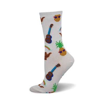 side view of white crew socks featuring a hawaiian motif: pineapples wearing sunglasses, ukuleles, and shaka hand gestures.  "hawaiian motif" socks.