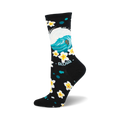 Crew socks in black with teal wave design, white plumeria flowers, and 'Aloha' text. 